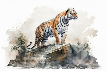 Canvas Print - on a white background, a tiger stands on a rock and growls. chinese inspired watercolour painting. g
