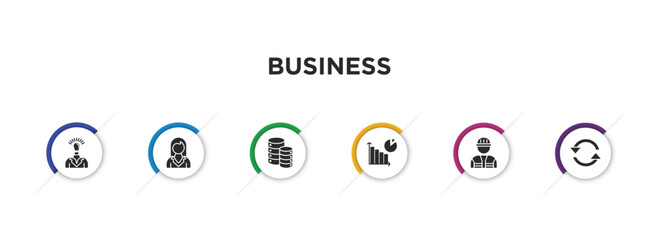Poster - business filled icons with infographic template. glyph icons such as solution, businesswoman, data, diagram, worker, synchronization vector.