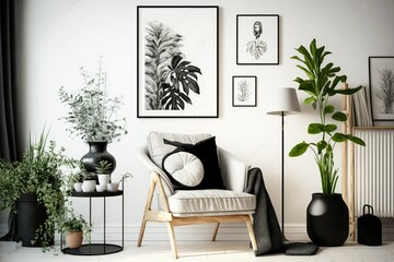 Poster - Stylish arrangement of modern home furnishings in a scandinavian style, including a design armchair, black mock up poster frame, plant, wooden stool, book, décor, loft wall, and individual accents