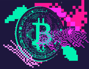 Poster - Pixel art of a 3D bitcoin currency on a glitched background background.