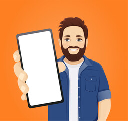 Handsome man showing blank phone screen on orange background vector illustration 