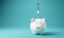 Piggy Bank. Money Box With Falling Coins. Moneybox Investing, 3D Rendering