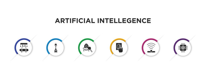 Poster - artificial intellegence filled icons with infographic template. glyph icons such as high speed tube, chess, microbots, biometrics, infrared, quantum computing vector.