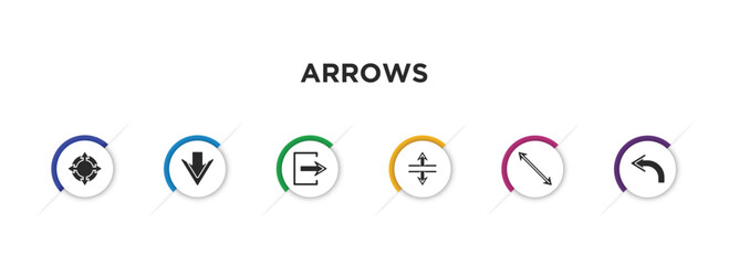Poster - arrows filled icons with infographic template. glyph icons such as zoom directions, down arrow, exit right, split vertical, diagonal arrow, backward vector.