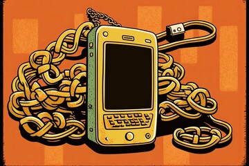 Mobile device security chain. Secured device. Safeguarded gadgets. Cartoonish kitsch vintage art illustration from the golden age of pop. Generative AI