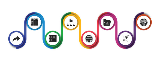 Poster - web hosting filled icons with infographic template. glyph icons such as raid, folder management, upload file, domains, forwarding, mockup de, globe network, feature vector.