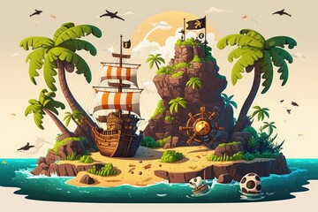 Canvas Print - Cartoon of a tropical island with pirates. Cartoon seascape with a pirate ship sailing the high seas and a treasure chest stuffed with gold sitting on a rocky island in the background, setting the sta