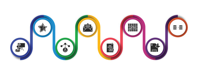 Poster - user interface filled icons with infographic template. glyph icons such as black star, open mail, boxed line stocks, data collection, person explaining data, user data analytics, avi extension, save
