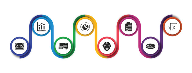 Poster - user interface filled icons with infographic template. glyph icons such as data analytics bars, reload pie chart, data analytics content, square root, photo size, data viewer, smiles, percentage