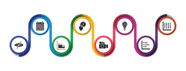 Poster - user interface filled icons with infographic template. glyph icons such as comparision table, slide right, bad idea, dual stream chart, hidden, multiple variable lines, switch video, bars chart page
