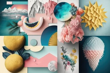 Wall Mural - Collage of artistic inspiration in the form of a moodboard. Combine different materials and elements. Vibes of summer. Generative AI
