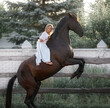 Beautiful little girl riding a rearing horse