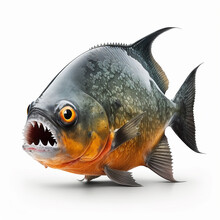 Scary Piranha Fish With Big Teeth Isolated On White Close-up, Predatory Fish Of The Amazon River