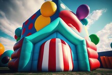 A Multi-colored Inflatable Playground, With Slides And Obstacles For Hours Of Fun. Ai Generated.