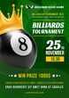 Pool billiards tournament poster with black 3d realistic billiards ball with number eight and golden crown. Sport competition announcement. Place your text and emblems. Vector illustration