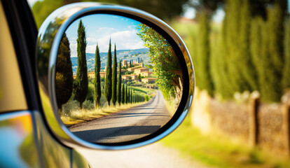 the view of the reflection in the rearview mirror of a rented car on a slender row of cypresses. tra