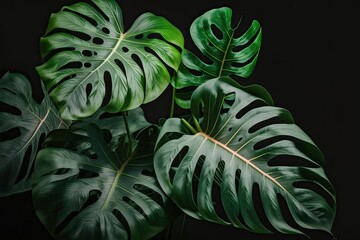 Sticker - Monstera plant, often known as the evergreen vine or tropical forest plant, has green leaves that stand out against a black background. Generative AI