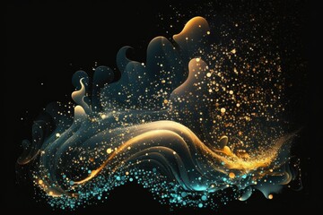 Poster - Glittering waves of confetti. Tiny magical crystals that sparkle. The dust is yellow, the sparks are yellow, and the stars are golden with a unique glow. Lights like at Christmastime. Generative AI