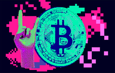 Poster - Pixel art of a 3D bitcoin currency on a glitched background background.
