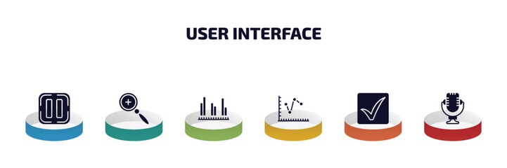 Poster - user interface infographic element with filled icons and 6 step or option. user interface icons such as pause, zoom, data analytics bars, multiple variable lines, check square, voice recording