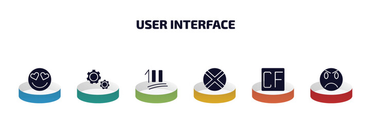 Poster - user interface infographic element with filled icons and 6 step or option. user interface icons such as in love smile, gear option, one hundred, jamaican, cf, angry smile vector.