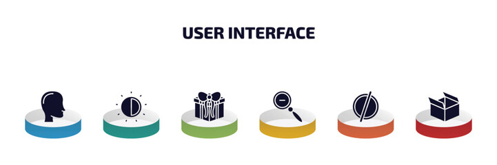 Poster - user interface infographic element with filled icons and 6 step or option. user interface icons such as head, birghtness, giftbox, zoom out, empty, open box vector.