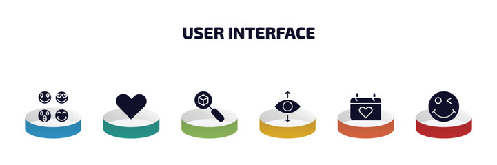 Poster - user interface infographic element with filled icons and 6 step or option. user interface icons such as the of, hearth, tracking, perspectives, heart on calendar, winking smile vector.