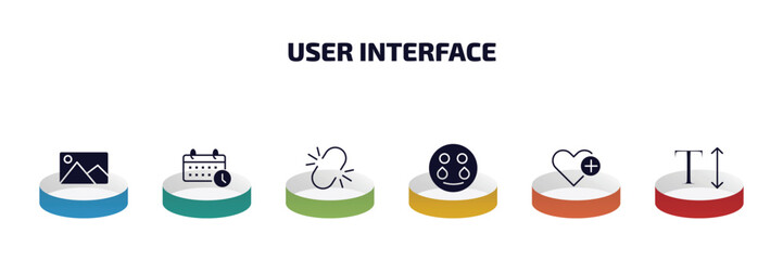 Poster - user interface infographic element with filled icons and 6 step or option. user interface icons such as images, timetable, unlink, crying smile, add to favorite, text height vector.