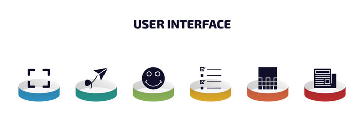 Poster - user interface infographic element with filled icons and 6 step or option. user interface icons such as corners, paper plane flying, smiling smile, test quiz, gradient, newspaper folded vector.