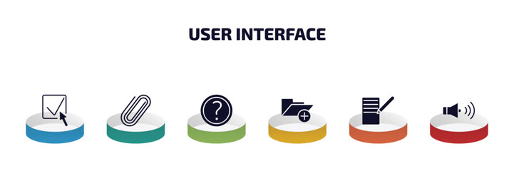 Poster - user interface infographic element with filled icons and 6 step or option. user interface icons such as check box with cursor, shaped paper clip, round help button, add folder button, form, round