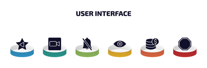 Poster - user interface infographic element with filled icons and 6 step or option. user interface icons such as cinema star, facetime, disable alarm, visual, earn money, eighties vector.