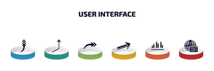 Poster - user interface infographic element with filled icons and 6 step or option. user interface icons such as turn up arrow, right up arrow, right drawn arrow, 3d forward dual bars interface, window