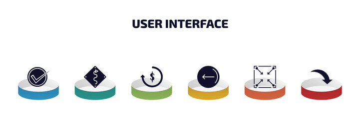 Poster - user interface infographic element with filled icons and 6 step or option. user interface icons such as right, curvy road warning, repaying, go back button, corner widget, curve arrow vector.