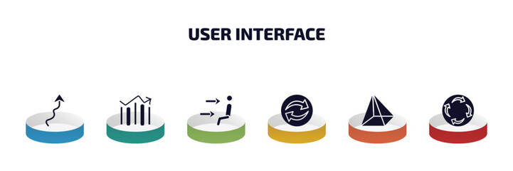 Poster - user interface infographic element with filled icons and 6 step or option. user interface icons such as arrow with scribble, vertical data bars, air outlet, continuous, triangular pyramid, rotating