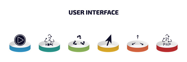 Poster - user interface infographic element with filled icons and 6 step or option. user interface icons such as play video button, hdpe 2, recycle, mouse cursor, expand arrows, 21 pap vector.