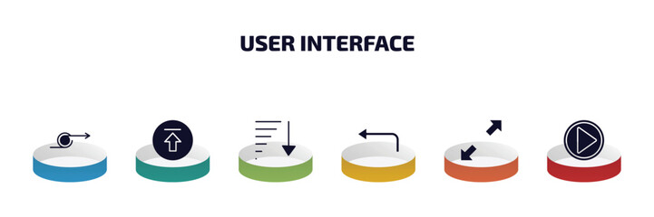 Poster - user interface infographic element with filled icons and 6 step or option. user interface icons such as loop arrow, upload button, sorting, left turn, scale arrows, video play vector.