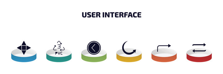 Poster - user interface infographic element with filled icons and 6 step or option. user interface icons such as navigation arrows, 3 pvc, round left button, circular arrow, turn right arrow, replay arrows