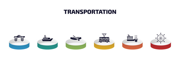 Poster - transportation infographic element with filled icons and 6 step or option. transportation icons such as monster truck, cruiser, dugout canoe, trolleybus, paddlewheeler, ship helm vector.