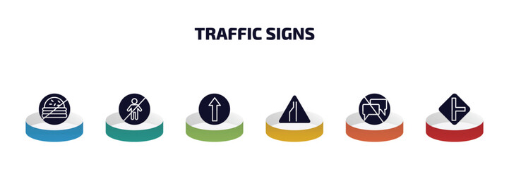 Poster - traffic signs infographic element with filled icons and 6 step or option. traffic signs icons such as no fast food, no children, ahead only, narrow lane, no chatting, side road vector.