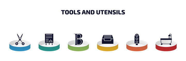 Poster - tools and utensils infographic element with filled icons and 6 step or option. tools and utensils icons such as open scissors, daily specials board, bold, tray for papers, semaphore light, bath tub