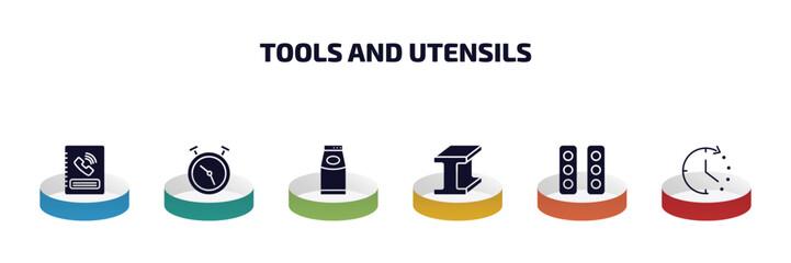 Poster - tools and utensils infographic element with filled icons and 6 step or option. tools and utensils icons such as telephone agenda, timer round clock, top load washer, metal, semaphore lights, time