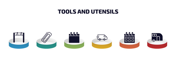 Poster - tools and utensils infographic element with filled icons and 6 step or option. tools and utensils icons such as clothes rack, attachments, calendar page, postage, calendar with six days, house on