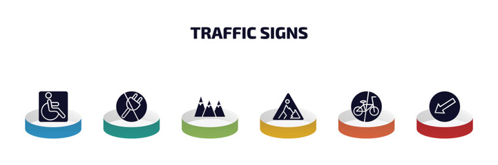 Poster - traffic signs infographic element with filled icons and 6 step or option. traffic signs icons such as handicap, no plug, hill, road work, no bicycle, keep left vector.