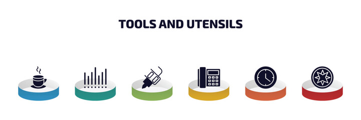 Poster - tools and utensils infographic element with filled icons and 6 step or option. tools and utensils icons such as cup of hot coffee, sound wave bars, tattoo, modern telephone, circular clock, cardinal