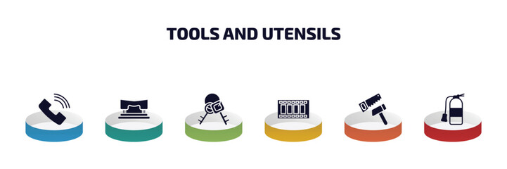 Poster - tools and utensils infographic element with filled icons and 6 step or option. tools and utensils icons such as ringing, hole puncher, key ring with two keys, film strip photograms, carpentry, flame