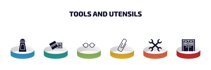 Poster - tools and utensils infographic element with filled icons and 6 step or option. tools and utensils icons such as pepper container, chote box, reading glasses, attached, cross wrench, doors vector.