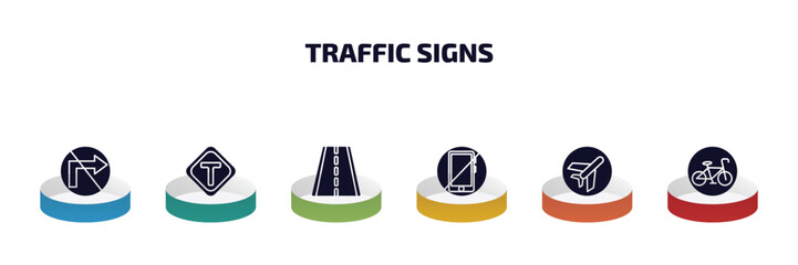Poster - traffic signs infographic element with filled icons and 6 step or option. traffic signs icons such as no turn, t junction, highway, no mobile phone, airport, cycle lane vector.