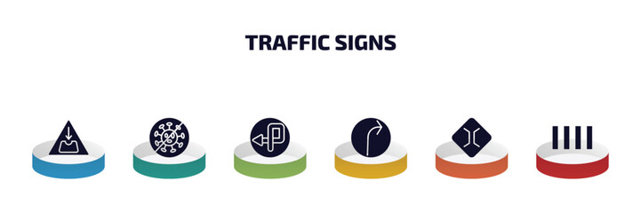 Poster - traffic signs infographic element with filled icons and 6 step or option. traffic signs icons such as pothole, no virus, degree curve road, right bend, narrow bridge, crossing vector.