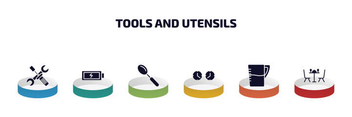 Poster - tools and utensils infographic element with filled icons and 6 step or option. tools and utensils icons such as reparation, charged battery, large spoon, clocks, pitcher with levels, dining vector.