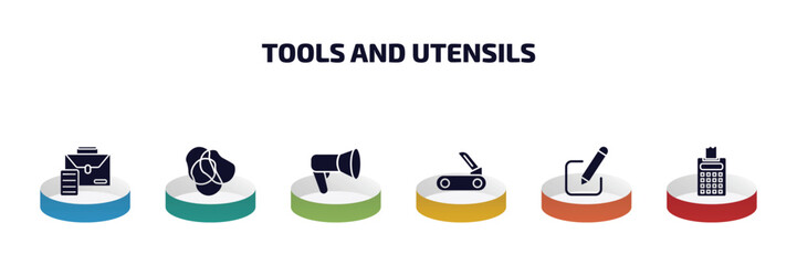 Poster - tools and utensils infographic element with filled icons and 6 step or option. tools and utensils icons such as briefcase document, rubber bands, megaphone side view, penknife, edit picture,